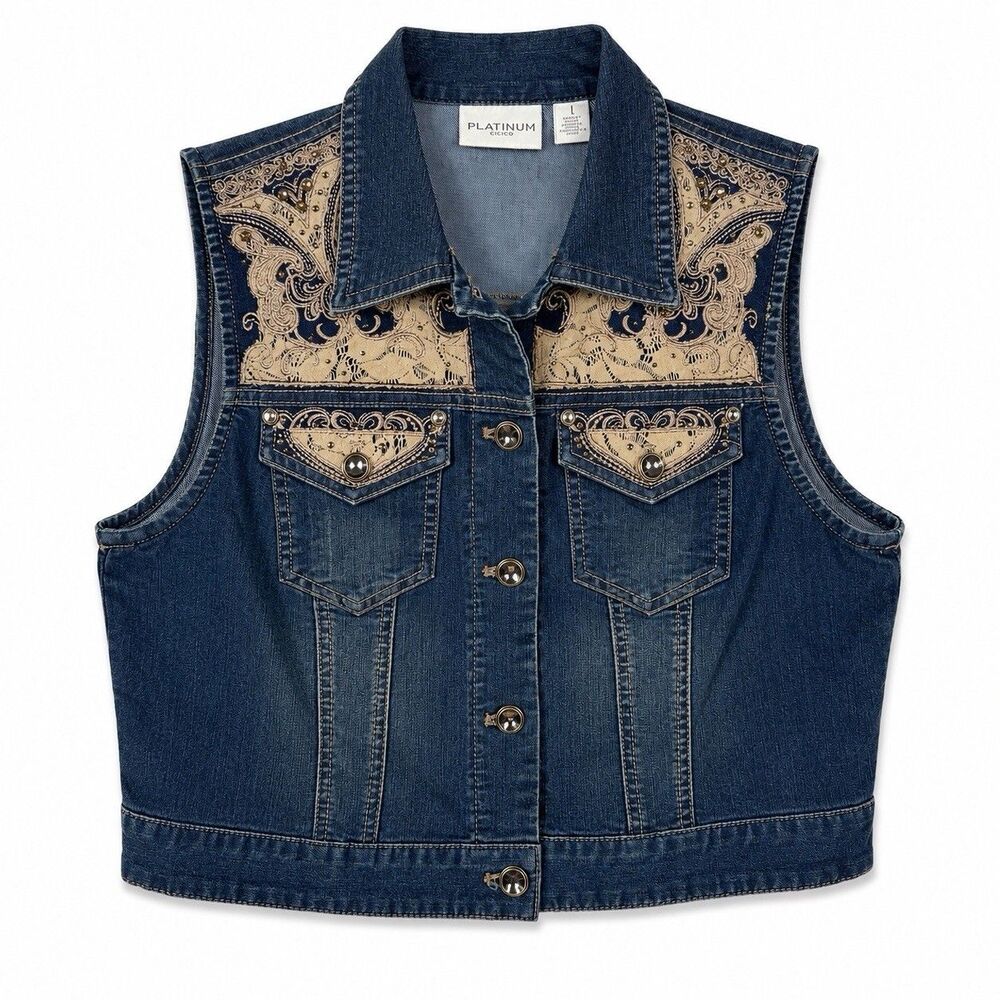 Chicos Platinum Denim Vest Womens 1 Medium Lace Embroidered Studded Western Boho